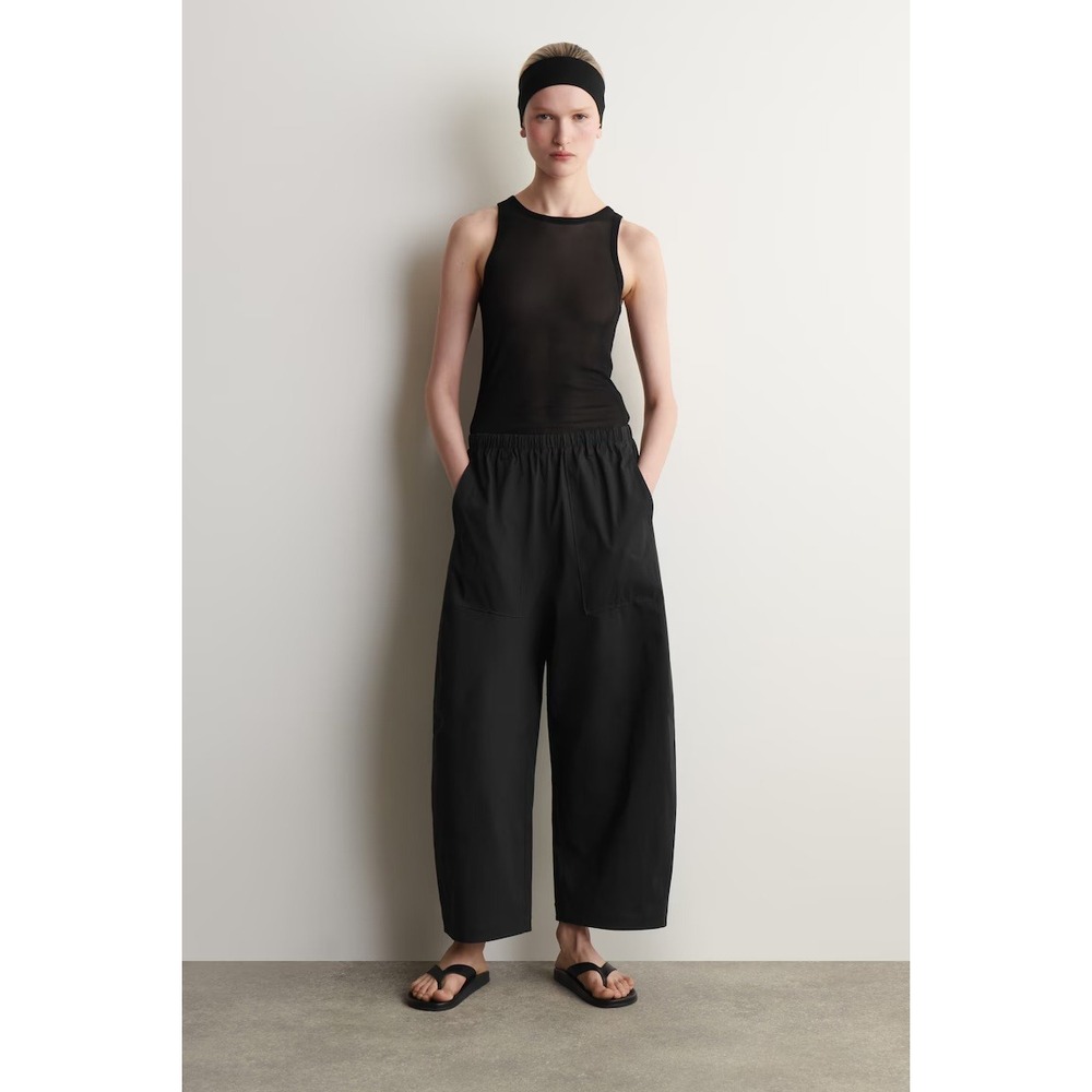COS Black Cotton Barrel Leg Utility Pants Elastic Waist Patch Pocket Size 2